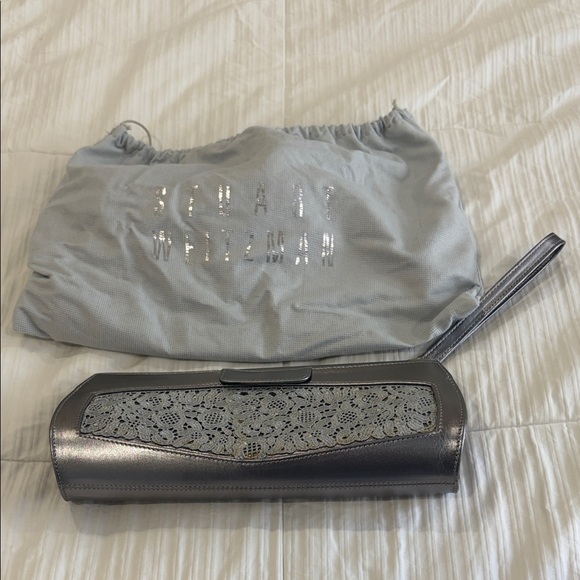 Stuart Weitzman Metallic Silver Leather Lace-Trim Wristlet Clutch